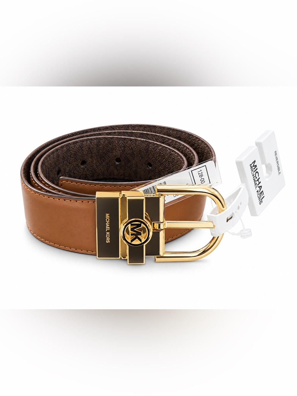 Michael Kors Tan Brown Reversible Logo Belt with Gold Buckle